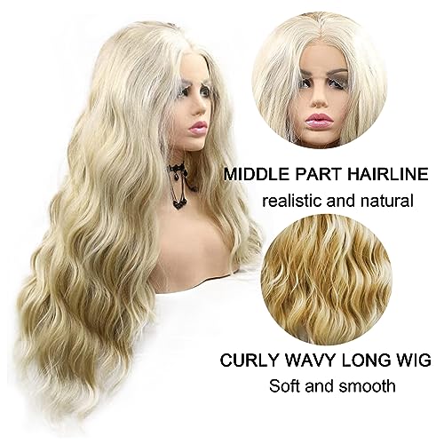 613 Lace Wig Blonde Curly Lace Front Wigs Brown Blonde Highlight Long Water Wave Synthetic Lace Front Wig Pre-plucked Hairline Glueless Wigs for Black Women Girls Daily Party 26 Inch