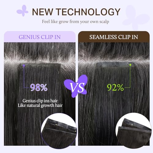 DOORES Human Hair Extensions, Natural Black 16 Inch 7 pcs 120g, Genius Seamless Clip in Hair Extensions with Invisible Weft and Straight Invisi Edge