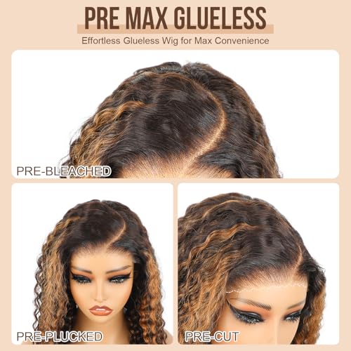 BLY Highlight Wear and Go Glueless Wig Water Wave Human Hair Wigs for Women 24 Inch 5x7 HD Lace Pre Cut Pre Plucked 2/30 Ombre Brown Colored Deep Wave Lace Front Wig 180% Density