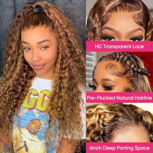 20 Inch Ombre Highlight Deep Wave Lace Front Wig Human Hair 13x6 HD Honey Blonde Lace Frontal Wigs 200 Density 4/27 Glueless Curly Wigs Human Hair For Women
