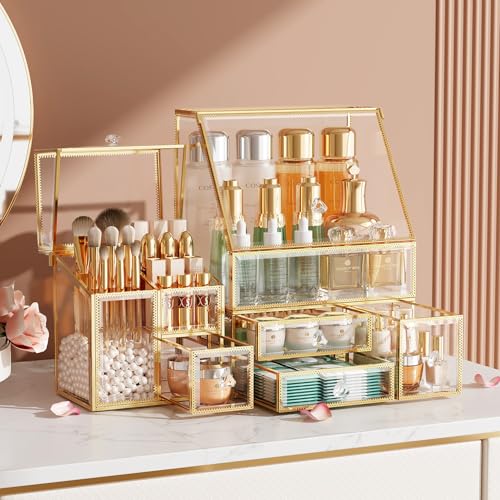 Clear Makeup Organizer with Gold Frame ? Countertop Vanity Organizer for Skincare, Lipsticks, Perfume & Brushes ? Bathroom Cosmetic Storage Display Box
