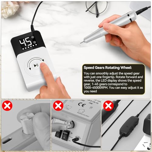 Cadrim Portable Electric Nail Drill Professional 45000 RPM, 2025 Upgrade-Speed Control Disc, Rechargeable Electric Nail File for Acrylic Gel Nails, Nail Drill Kit for Salon Home, White