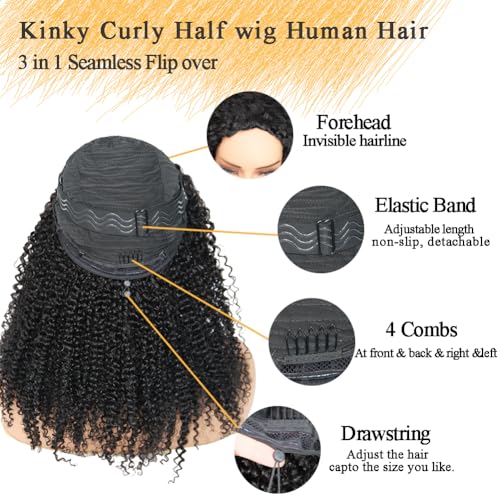 Miss Lee Kinky Curly Half Wig Human Hair 200% Density 3 In 1 Half Wig Glueless Wigs Human Hair Wear and Go Drawstring Seamless Flip Headband Wig for Women Beginner Friendly Natural Black
