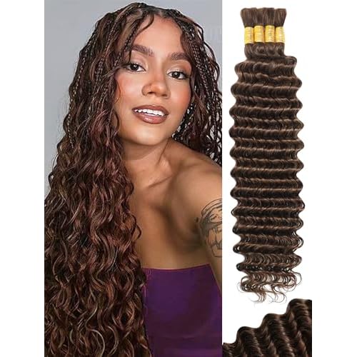 Chocolate Brown Human Braiding Hair 18 Inch 100 g 4 Bundles Deep Wave Bulk Human Hair for Braiding 10A Curly Human Hair Extensions for Boho Braids Wet and Wavy Color 4