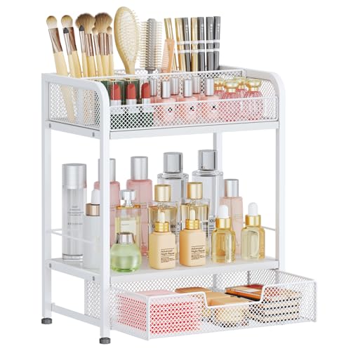 HapiRm Makeup Organizer Countertop with Drawer - Large Capacity Vanity Organizer with Dividers, Bathroom and Bedroom Desk Cosmetic Display Case for Storage Skincare, Makeup Brush, Dresser, Perfume