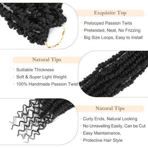 Passion Twist Crochet Hair,14 Inch 9 Packs Pretwisted Passion Twist Hair, Soft Pre Looped And Pre twist Crochet Hair For Women,Black Curly Crochet Braids(14in,1B#)