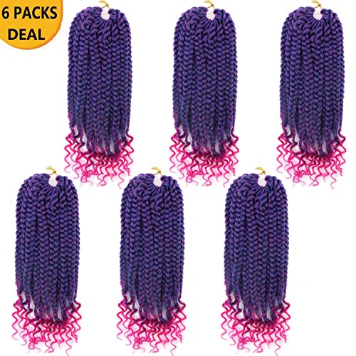 6 Packs Crochet Box Braids Curly Ends 10 Inch Crochet Hair for Kids Bohemian Bob Box Braids Crochet Hair for Black Women (10 Inch, T1B/Purple/Pink)