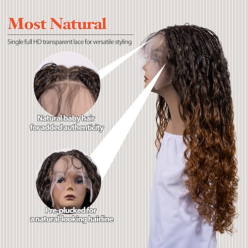 Micro Boho Natural Deep Curly Wave Box Braided Wig - Knotless Braided Wigs - Curly Hair Wig with Natural Baby Hair - Full Lace 360 Wig Korea beauty fiber (#1B118 Off Black and Burgundy, 24¡±)