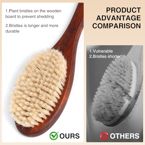 Wooden Bath Brush with Stiff Sisal Bristles Long Handle for Shower Back Scrubber Body Exfoliator, with Hook for Hanging (Stiff Sisal Hair)