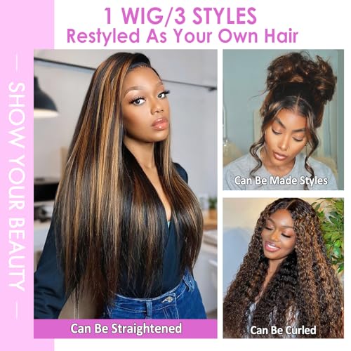30 inch Highlight Body Wave Lace Front Wigs Human Hair Pre Plucked 200 Density 1B/30 Ombre Frontal Wigs Human Hair 13x4 Transparent Lace Wig Glueless Balayage Wigs for Women