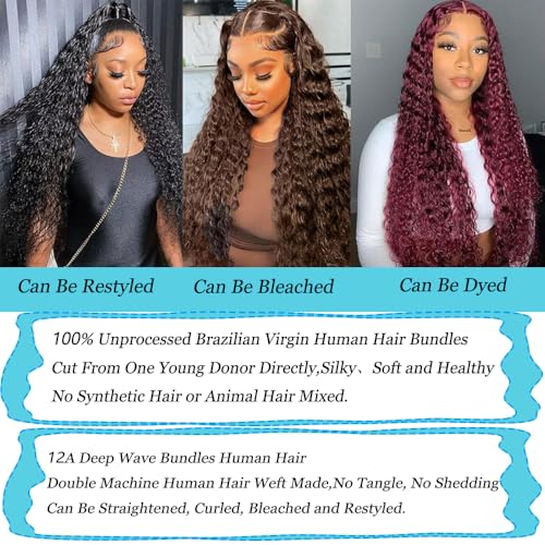 Great Grace 12A Deep Wave Human Hair Bundles 22 24 26 Inch Curly Bundles Human Hair 100% Unprocessed 3 Bundle Brazilian Virgin Human Hair Extensions Quick Weave Natural Black Color