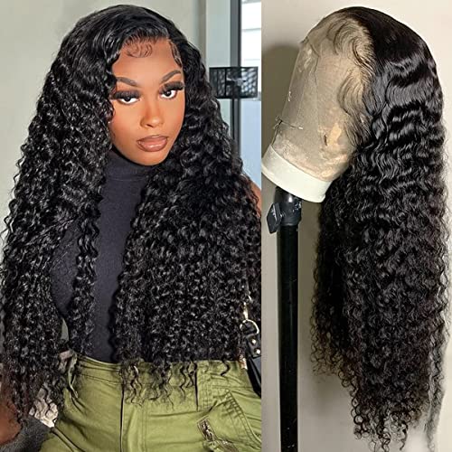 Deep Wave HD Lace Frontal Wig Human Hair 13x4 Lace Front Wigs Deep Wave 180 Density Pre Plucked HD Lace Front Human Hair Wigs for Women Frontal Wig Natural Color (32 Inch)
