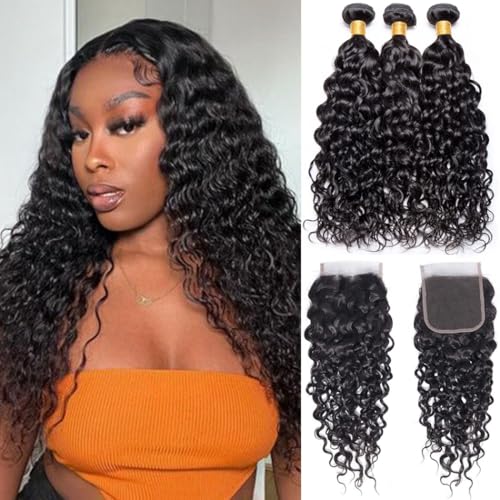 Brazilian Virgin Human Hair Water Wave Bundles with 4x4 Lace Closure (22 24 26+20, Free Part) Burmese Curly Human Hair Bundles with Closure Natural Color