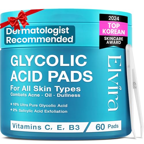 Elvira Glycolic Acid Exfoliating Facial Pads With 10% Glycolic Acid, 2% Salicylic Acid & Niacinamide - 60 Toner Pads, Daily Peel Treatment for Acne Prone Sensitive Skin