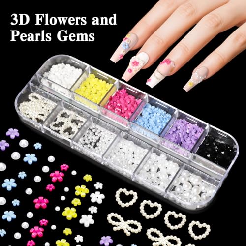 6 Boxes Nails Charms, 15 Sheets Gold Stickers, Shiny Colorful Nail Art Rhinestones Kit, 3D Nail Gems, Decals, Stickers and Pearls, Dotting Tools, DIY Accessories, Nails Decoration
