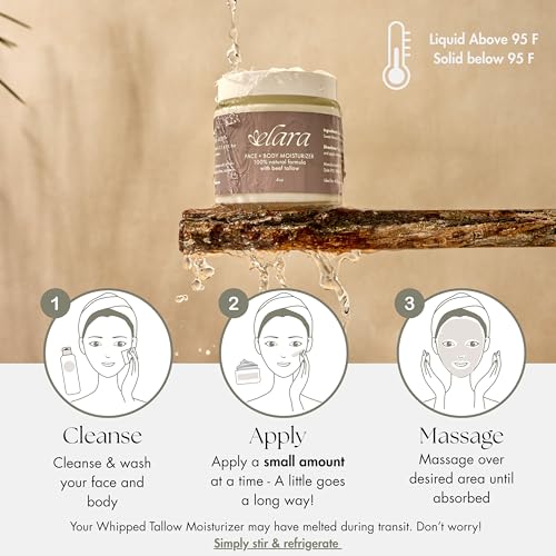 Elara Beef Tallow For Skin - Whipped Tallow Balm For Face And Body - 100% Grass-Fed Tallow Skin Balm With Marula And Sweet Almond Oil - 4 Fl. Oz. - Lavender