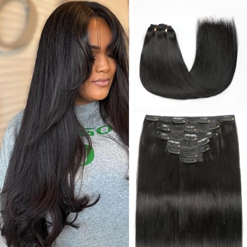 Clip in Hair Extensions Real Human Hair, Natural Black ? 20 Inch 7pcs 160g/Pack, Soft Hair Extensions Real Human Hair Clip ins Straight Suitable for all Hair Types (#1B 20 Inch)
