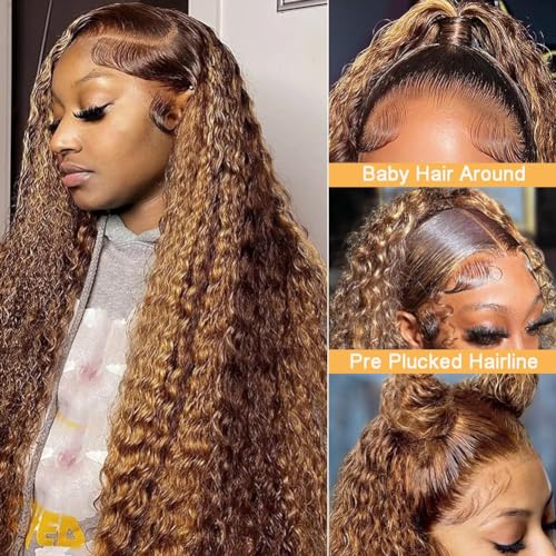 13x6 Highlight Lace Front Wigs Human Hair 30 Inch 4/27 Ombre Deep Wave Lace Front Wigs Human Hair Pre Plucked 180% Density Honey Blonde Curly Wigs