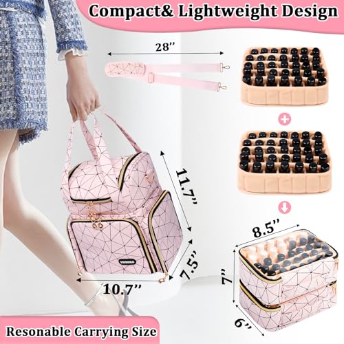 Nail Polish Organizer Bag - PU Leather Shoulder Storage with 2 Removable Cases and Nail Lamp, Holds 70 Bottles - Portable Travel Backpack for Nail Tech Supplies (Pink)