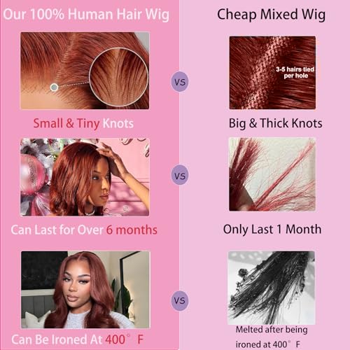220 Density Reddish Brown Lace Front Wigs Human Hair 13x6 Body Wave Lace Front Wigs Pre Plucked with Baby Hair for Women 100% Human Hair Auburn Colored HD Lace Frontal Wigs 22 Inch
