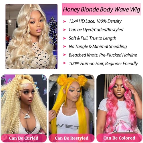13x4 Lace Front Wig Human Hair 28 Inch Body Wave Blonde Wig, Heat Resistant, Lace Front, Natural, Wavy, Contemporary, Female, Wig, Wigs