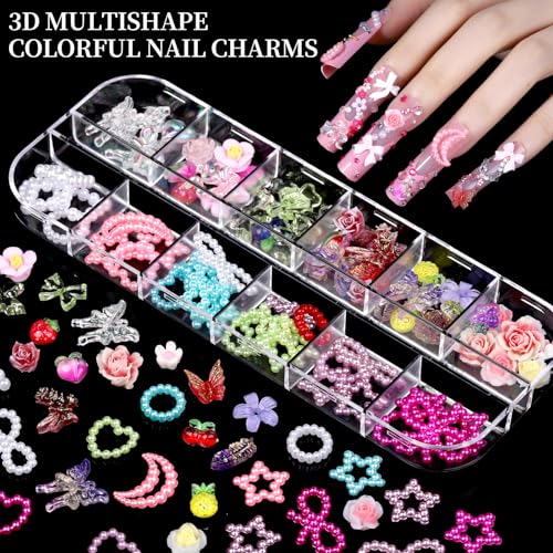 FANDAMEI Nail Charms, 8-Box Nail Charms and Gems, Fruit Bow Hawaii Flowers Petals 3D Nail Art Charms Bulk, Charms Y2K for Nails, Colorful Bubble Beads Nail Rhinestones, Gold Studs Nail Pearls for DIY
