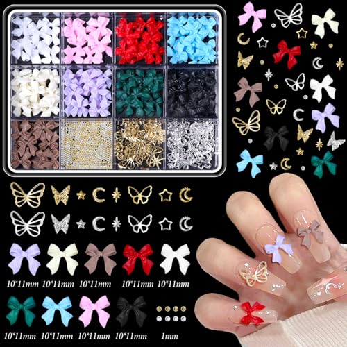 2 Boxes 3D Bow Nail Art, Carviar Beads for Nail Art, Assorted Flower Heart Butterfly Acrylic Bows Nails Charms with Pearls Gems Bead for Nail Design DIY Y2K Supplies