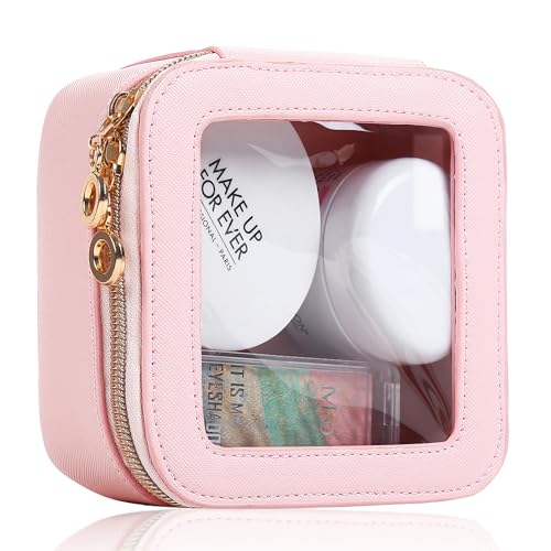 Small Clear Makeup Bag for Purse, Cute Mini Clear Cosmetic Bag Case Organizer, TSA Approved Square Small Makeup Case Pouch with Zipper, Car Travel Purse Essentials for Women (Pink, S)
