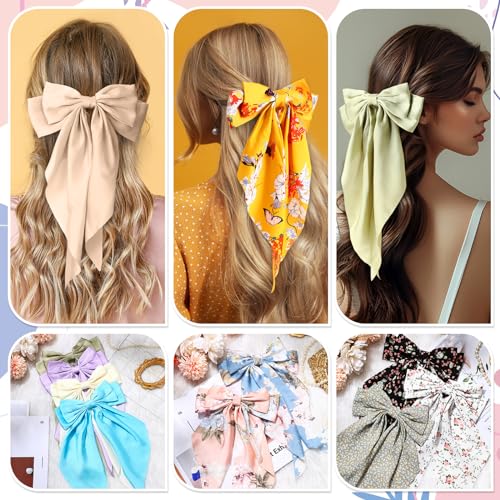 Mimorou 36 Pcs Big Hair Bows for Women Silky Satin Hair Bows Bulk Oversized Long Tail Black White Hair Bow Large Hair Ribbons Hair Clips Barrettes Large Metal Clips Bowknot Hair Accessories Gift