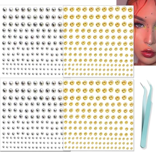 NOOEPC Gold and Silver Face Gems Fake Piercings, Fake Lip Ring Fake Nose Ring Fake Eyebrow Piercing Fake Lip Piercing Self-Adhesive Face Sticker Fake Piercing Balls