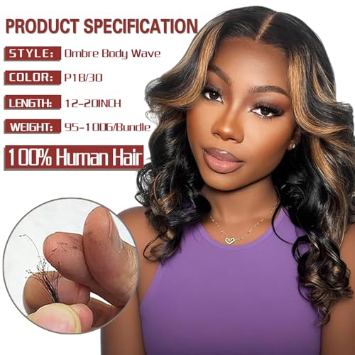 P1B/30 Ombre Brown Highlight Body Wave Bundles with 4x4 HD Lace Closure 20 22 24+20inch 12A Brazilian Human Hair Pre Plucked Natural Black to Blonde Bundles