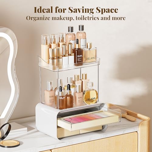 Delamu Bathroom Counter Organizer 2-Drawers 2-Tier Acrylic Makeup Organizer for Vanity Countertop, Skincare Perfume Storage, Easy Assembly, Ideal Gift for Women, Bath Linen Sets, Clear