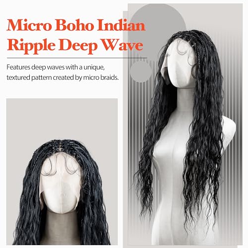 Micro Boho Indian Ripple Deep Wave Box Braided Wig - Knotless Braided Wigs for Black Women - Curly Hair Wig with Natural Baby Hair - Full Lace 360 Wig (#T42730 Highlight Mix, 32¡±)