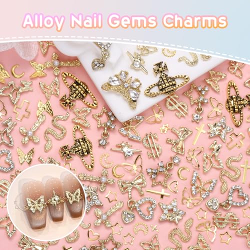 320 Pcs 3D Gold Nail Charms, Cross Snake Star Heart Dangle Nail Gems Charms, Bow Planet Dollar Butterfy Nail Gems for Alloy Nails, Rivet Nail Charms Rhinestones for Nails Art DIY Design