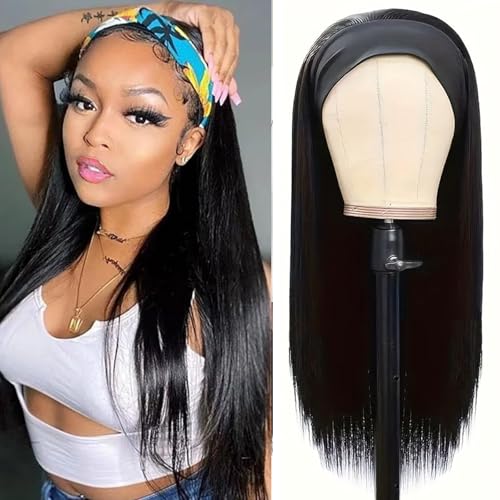 Headband Wig Human Hair Straight 24 Inch None Lace Front Wig Human Hair Glueless Wigs Brazilian Virgin Hair Headband Half Wigs for Black Women 150% Density Natural Color