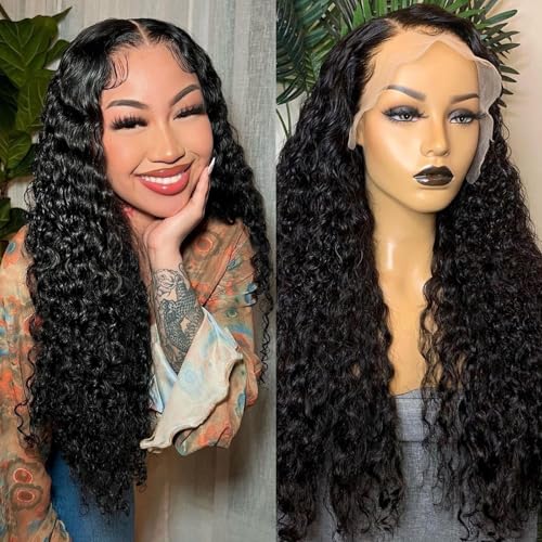 24 Inch 13x6 Deep Wave Lace Front Wigs Human Hair 200 Density HD Transparent Lace Frontal Wigs Human Hair Pre Plucked with Baby Hair Natural Color