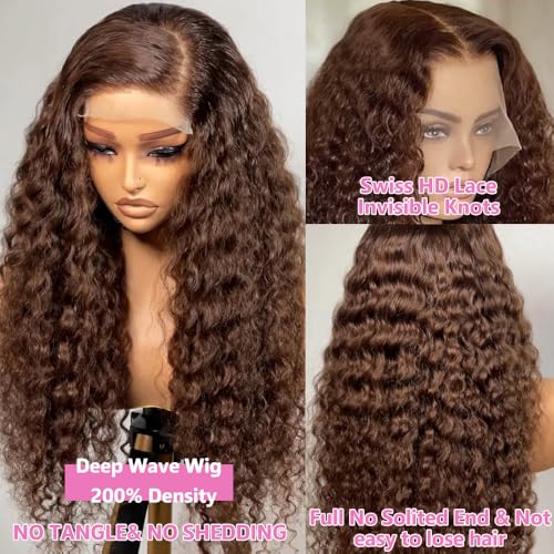 30Inch Chocolate Brown Lace Front Wig Human Hair 200 Density 13x6 HD Deep Wave Lace Front Wigs Human Hair Colored Deep Curly Lace Frontal Wigs Glueless Wig Brown Wig Wigs for Women
