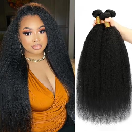 Kinky Straight Bundles 16 18 20 Inch 3 Bundles Kinky Straight Human Hair Bundles 12A 100% Unprocessed Brazilian Virgin Yaki Straight Bundles Hair Extension For Women Black Color