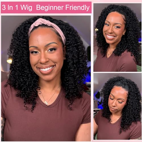 Half Wig Curly Human Hair 200% Density 3 In 1 Drawstring Seamless Clip Ins Flip Over Half Wigs for Black Women 20 Inch Kinky Curly Drawstring Headband Human Hair Wig Beginner Friendly