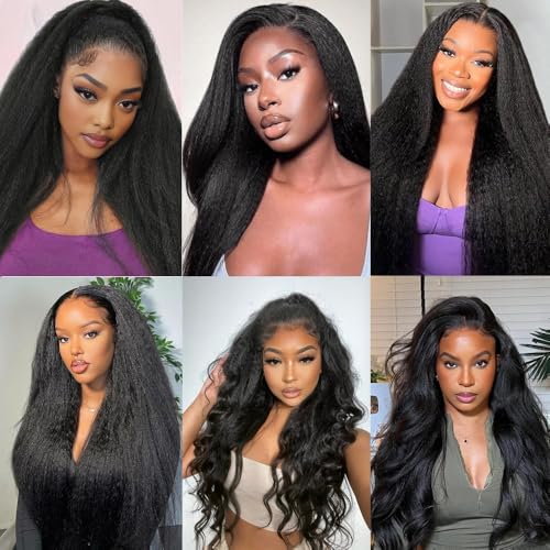 Yaki Straight Bundles with Closure (20 22 24+18) 100% Unprocessed Kinky Straight 3 Bundles with 2x6 Lace Closure Sew in Natural Color for Black Women