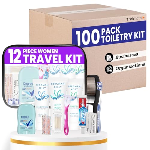 Trektote Travel Toiletry Kit For Women ? (100 Pack) 12 Piece Set Of Travel Size Toiletries, TSA Compliant, Travel Essentials, Includes Shampoo And Conditioner, Body Wash, Toiletry Bag & More
