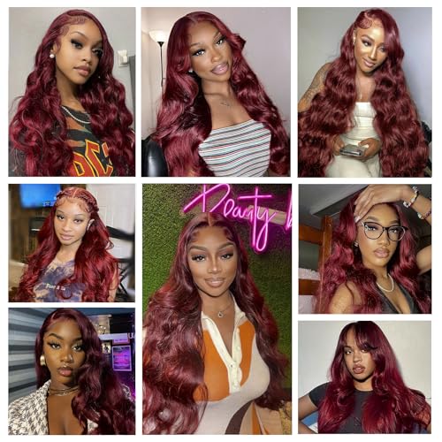 99j Burgundy 13x6 Body Wave Lace Front Wigs Human Hair 200% Density Glueless HD Transparent Lace Frontal Wigs Human Hair Pre Plucked With Baby Hair Burgundy Wine Red Wigs For Women 32 Inch