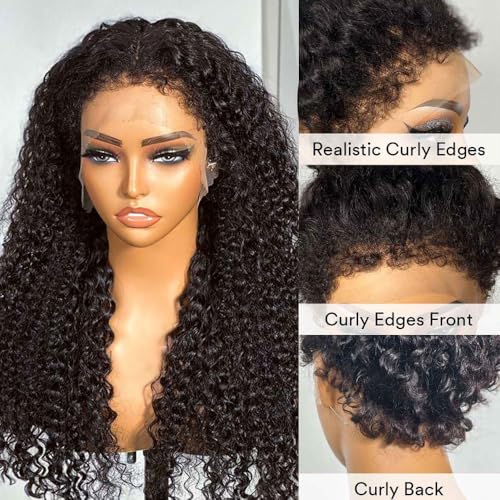 4C Curly Edges Deep Curly 360 Lace Front Wigs Human Hair 180% Density Glueless Pre Plucked Bleached Knots 360 Kinky Curly Lace Front Wig Human Hair With 4C Edges (14inch)