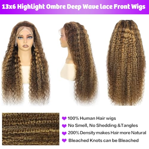 30 Inch Honey Blonde Wig Human Hair 13x6 HD Transparent Ombre Lace Front Wig Human Hair 4/27 Deep Wave Highlight Wig Glueless Curly Wigs for Women