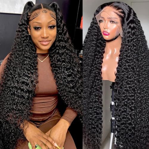 13x4 Deep Wave Lace Front Wigs Human Hair 28 Inch HD Transparent Human Hair Lace Frontal Wigs for Women 200% Density Deep Curly Lace Front Wigs with Baby Hair Pre Plucked Glueless Deep Wave Wig