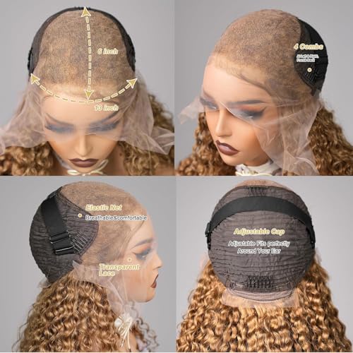 Honey Blonde Wig Human Hair 27#Color Deep Wave Lace Front Wig Human Hair Pre-Plucked Curly Blonde 13x6 HD Lace Front Wig 180% Density For Women(starxiu)