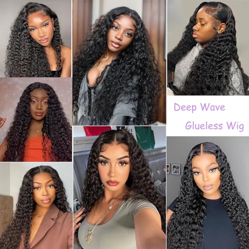 Glueless Wigs Human Hair Pre Plucked Pre Cut 5x5 Hd Lace Closure Wear and Go Deep Wave Curly Lace Front Wigs for Black Women Wet and Wavy Natural Hairline (32 Inch)