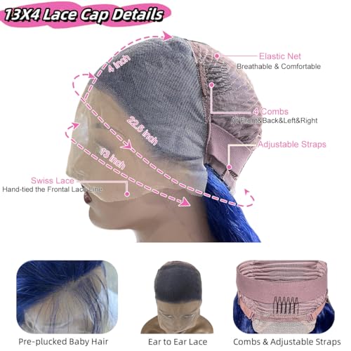 30 Inch Dark Blue Lace Front Wigs Human Hair 180% Density 13x4 HD Transparent Body Wave Lace Frontal Human Hair Wig Blue Glueless Colored Wigs for Women