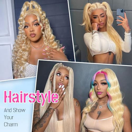 613 13x6 Lace Front Wig Human Hair 32 Inch Blonde Lace Front Wigs Pre Plucked Blonde Wig Human Hair 200 Density 613 Body Wave HD Lace Frontal Wigs Glueless Wigs