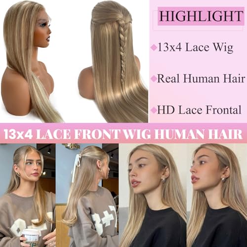 Highlight Lace Front Wig Human Hair Pre Plucked 13x4 Lace Frontal Wigs Glueless Straight Ash Brown to Ash Blonde Highlights Human Hair Wig 180% Density 24 Inch